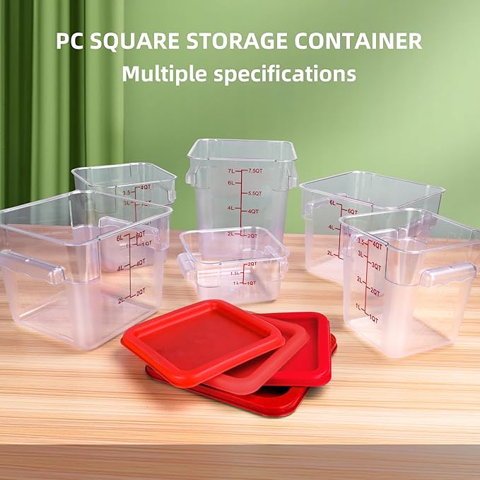 2 Pack Red Square Food Storage Container With Lid,Commercial Storage Box With Scale & Handle,Cake Making,Dough Marinating Meat,Kitchen Supplies (12 Quart)