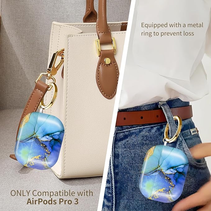 AirPod Pro 3 (2025) Case Cover for Women, Cute Shockproof TPU Protective Case with Gold Round Buckle, Anti-Drop Design Cute Blue Marble