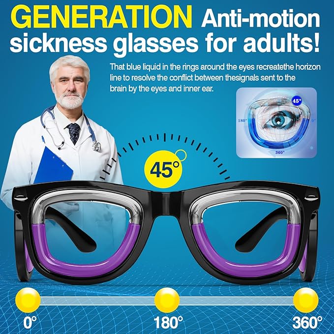 Hion 2 Pairs Adult Anti- Motion Sickness Smart Glasses, Ultra-Light Portable Nausea Relief Liquid Glasses, Carsickness Airsickness Seasickness Glasses, Kids Travel/Cruise Essentials（White+Black