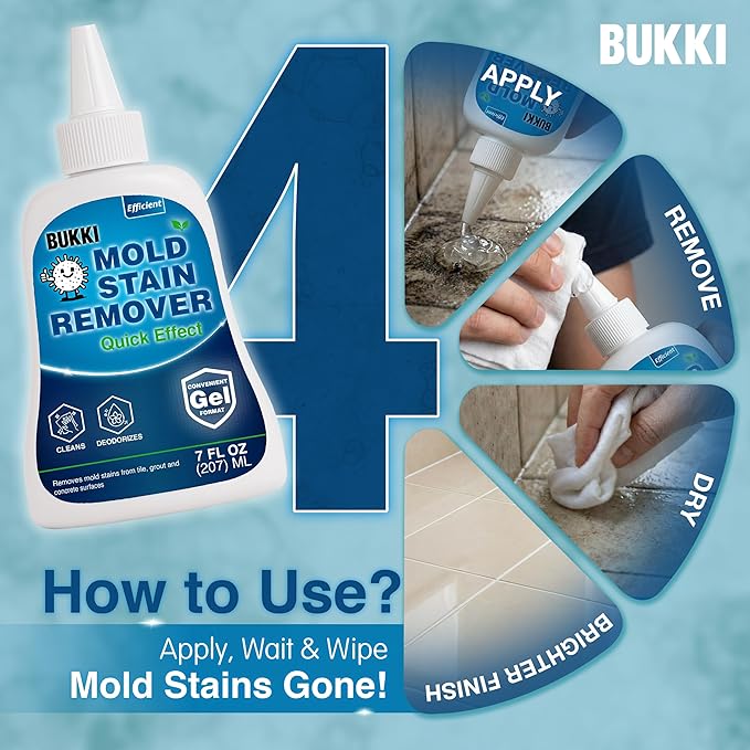 BUKKI Mold Stain Remover Gel 7 FL OZ (150 g), Heavy Duty Thick Cleaning Gel for Shower Grout, Washer Seals, Caulking, Bathrooms, Sinks, Concrete. Stain Cleaner Surface Gel