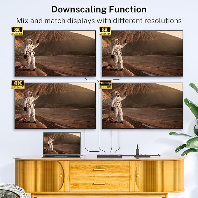 J-Tech Digital 8K HDMI Splitter 1 in 4 Out, HDMI 2.1 1x4 Splitter 8K@60Hz 4K@120Hz 1080P@240Hz, Duplicate/Mirror Screen 3 EDID Modes with Downscaling HDCP 2.3 [JTECH-8KSP14E]