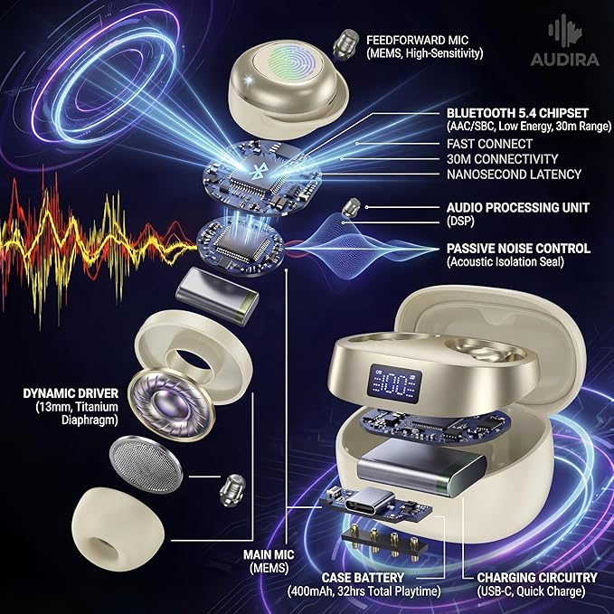 AUDIRA Mini Wireless Sleep Earbuds for Side Sleepers, Bluetooth 5.4 in-Ear Ear Buds with Noise Cancelling, IPX4 Waterproof Headphones, Touch Control, Digital Display Charging Case – Biege