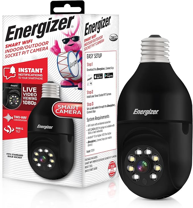 Energizer Connect Smart 1080p HD Outdoor Security Socket Camera with Siren Alarm, Remote Access, Motion Alerts, 2 Way Audio and Night Vision, 2.4GHz Wi-Fi, Black