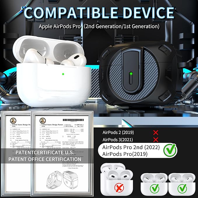 RFUNGUANGO for AirPods Pro 2 Case, Compatible with Airpods Pro Case 2nd / 1st Generation, Compatible with MagSafe, with Cleaning Kit and Keychain, Visible LED, Black