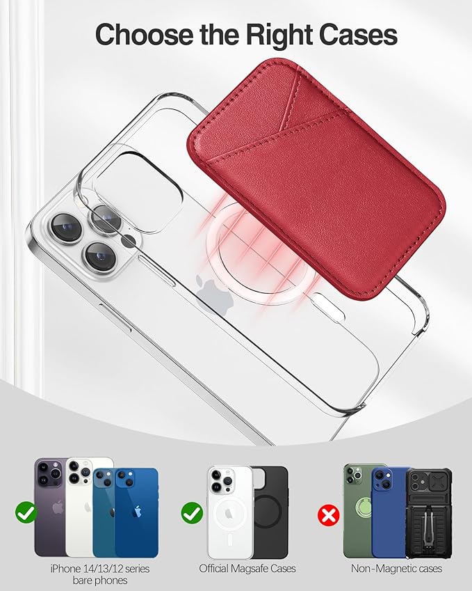 Miroddi Magnetic Card Wallet Holder, with MagSafe for iPhone 15/14/13/12 Series, Magsafe, Vegan Leather, Independent Slot, Invisible Ultra-Thin, True red, MCB070TR-US
