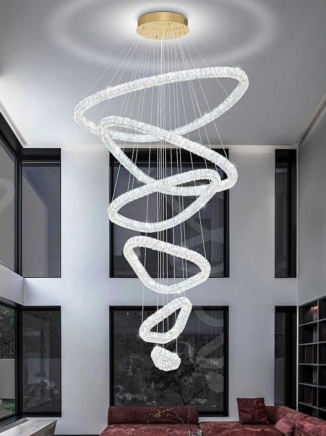 Flashing God Modern 6 Ring Crystal Chandeliers for High Ceiling Large Foyer Chandeliers LED Dimmable Crystal Ceiling Light Fixtures for Entryway Living Room Staircase Gold