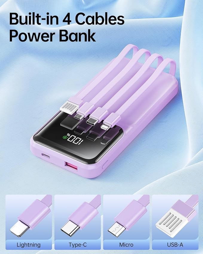 Portable Charger with Built in Cable - Power Bank Fast Charging USB C LED Display 10000mah Battery Pack 5 Outputs & 3 Inputs for Travel Essentials iPhone Samsung Android Phones Tablets Purple
