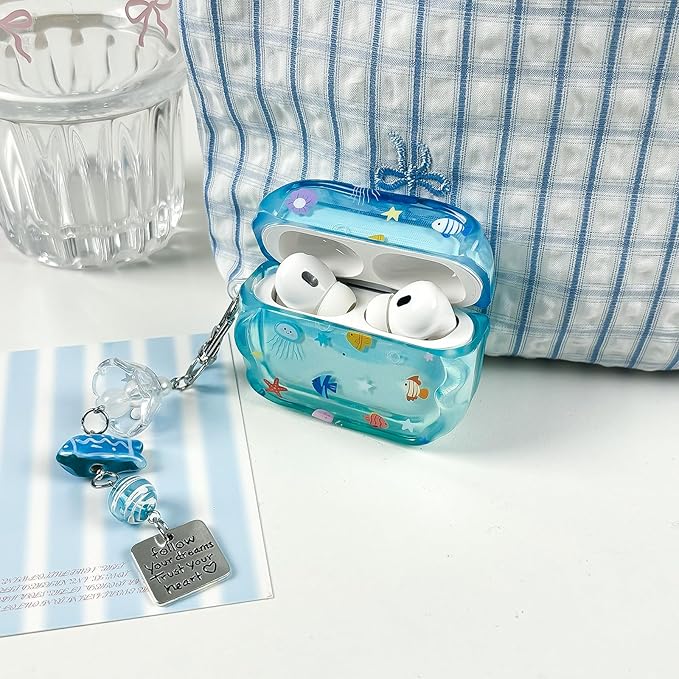 Compatible with AirPods Pro 3 Case Soft TPU with Cleaner Kit Creative Cute Fish Star Keychain Shockproof Cover for Airpods Pro 3rd Generation(2025) -Blue