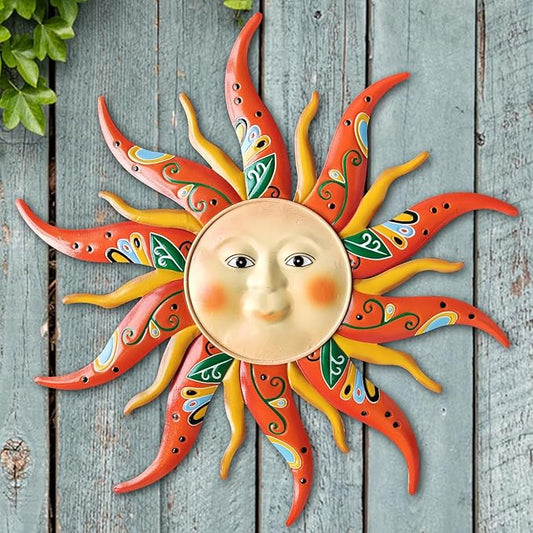 Metal Sun Wall Art Decor,17.3Inches Sun Face Garden Sculptures Statues Wall Art Decorations for Indoor and Outdoor, Room Garden Porch Fence Balcony Patio Decor