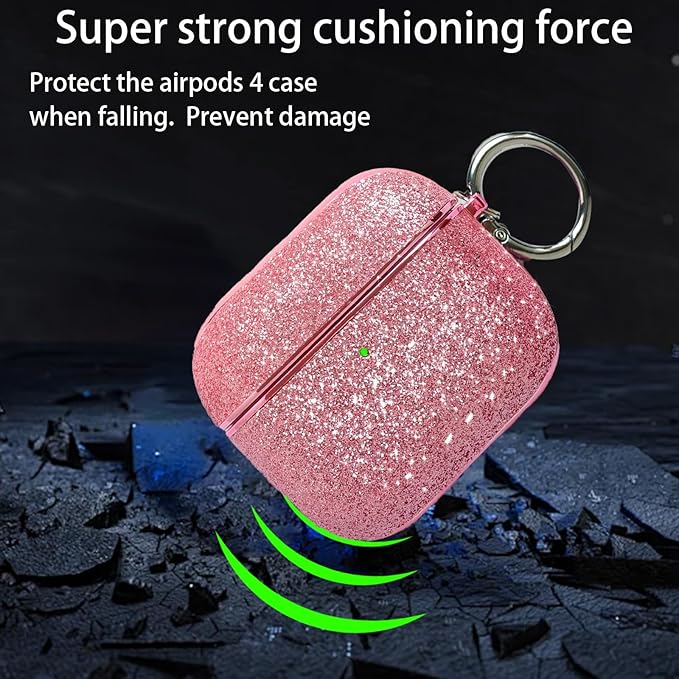 for Cute Glitter AirPods 4 Case for Women| Bling Hard Airpod iPods 4 Cases | with Keychain | Sparkly Rhinestone Air Pods 4 Generation Case for Women Girl- Model A3058/A3059(Pink)