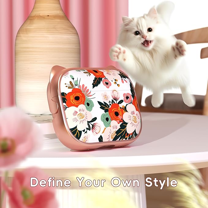 for AirPods Pro 2 Case with Cleaning Kit, Cute Cat Ear Print Design & Cute Buckle for Girls, Phone Holder & Top Safe Lock Buckle Design for AirPods Pro 2nd/1st Gen case, Rose Gold Flower