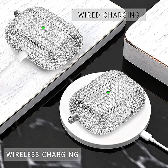 Case for AirPods Pro 2nd Generation, Filoto Cute AirPod Pro 2 Protective Case Cover for Women Girls, Bling Crystal PC Apple Air Pods Pro Cases Accessories with Lobster Clasp Keychain, Silver