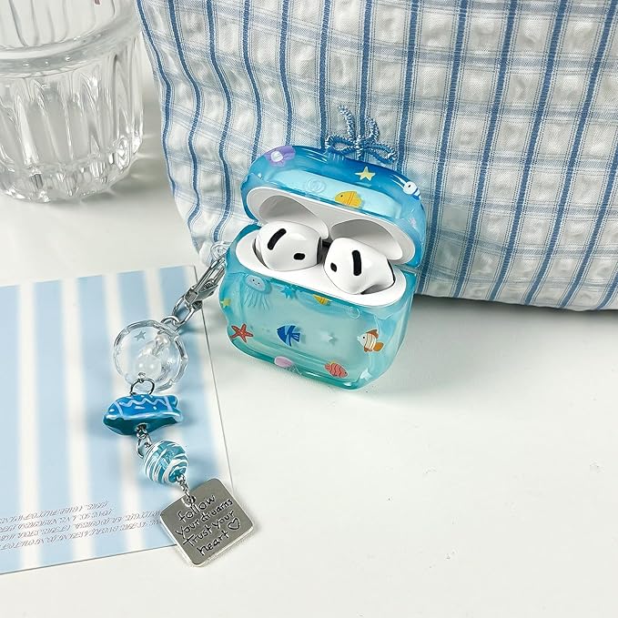 Compatible with AirPods 4 Case Soft TPU with Cleaner Kit Creative Cute Fish Star Keychain Shockproof Cover for Airpods 4th Generation(2024) -Blue