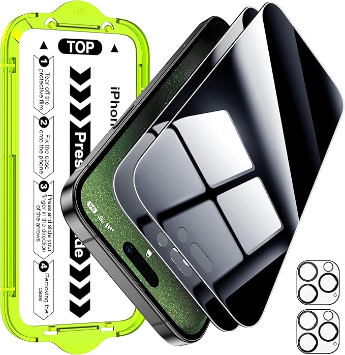 Esanik [2+2 Pack for iPhone 15 Pro Privacy Screen Protector – Anti-Spy Tempered Glass & Camera Lens Cover, Military-Grade 9H Hardness, Anti-Scratch, Flawless Fit Tray