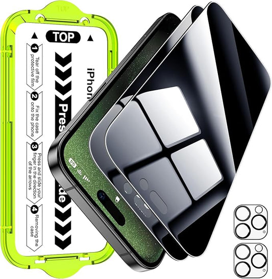 Esanik [2+2 Pack for iPhone 15 Pro Privacy Screen Protector – Anti-Spy Tempered Glass & Camera Lens Cover, Military-Grade 9H Hardness, Anti-Scratch, Flawless Fit Tray