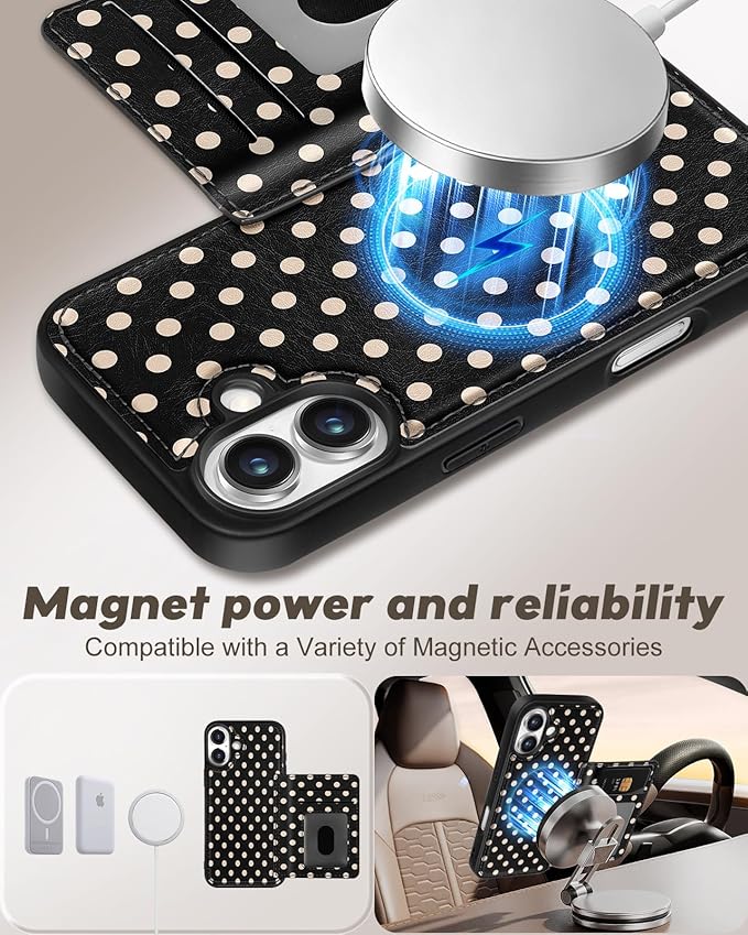 for iPhone 17 Case with Wallet - Fits 4 Card Slots, Compatible with MagSafe for Women Aesthetic Durable PU Leather Credit Card Holder Kickstand Phone Cover for Apple 17, Polka Dots