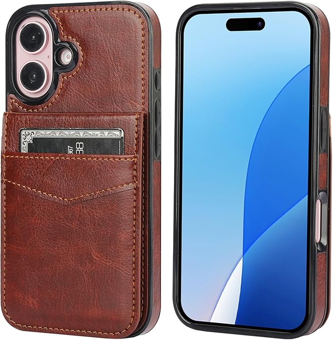KIHUWEY Compatible with iPhone 16 Case Wallet with Credit Card Holder, Flip Premium Leather Magnetic Clasp Kickstand Heavy Duty Protective Cover for iPhone 16 6.1 Inch (Brown)