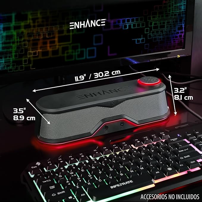ENHANCE SB1 High Excursion Computer Soundbar - USB Powered Computer Speaker, Under Monitor Speaker with 10W Peak, LED Volume Control Knob, Headset Pass Through, Gaming Soundbar for PC