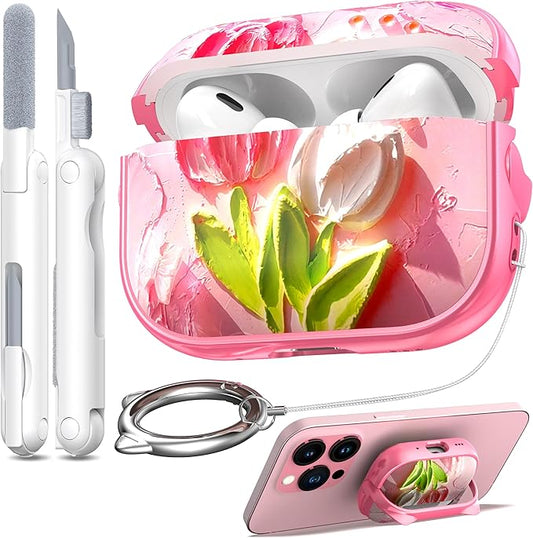 RFUNGUANGO is Compatible with AirPods Pro 3 Protective case, with Mobile Phone Holder Function, Multiple Colors Available, Suitable for AirPods Pro 3 Protective case,Pink + Tulips