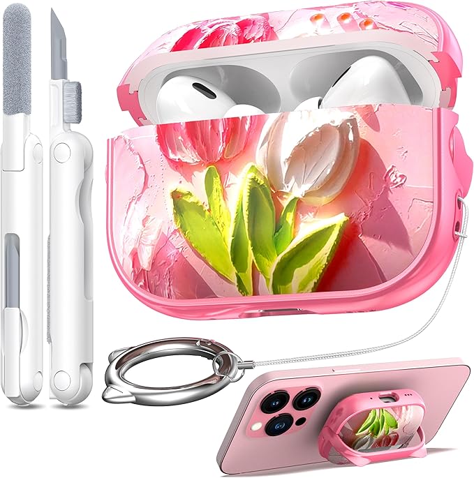 RFUNGUANGO AirPods Pro Case for Women Girly Cat Case with Lock, Phone Stand, Keychain & Cleaner Kit, Compatible with Apple Airpods Pro 2nd/1st Generation Case Cover, Pink Tulip