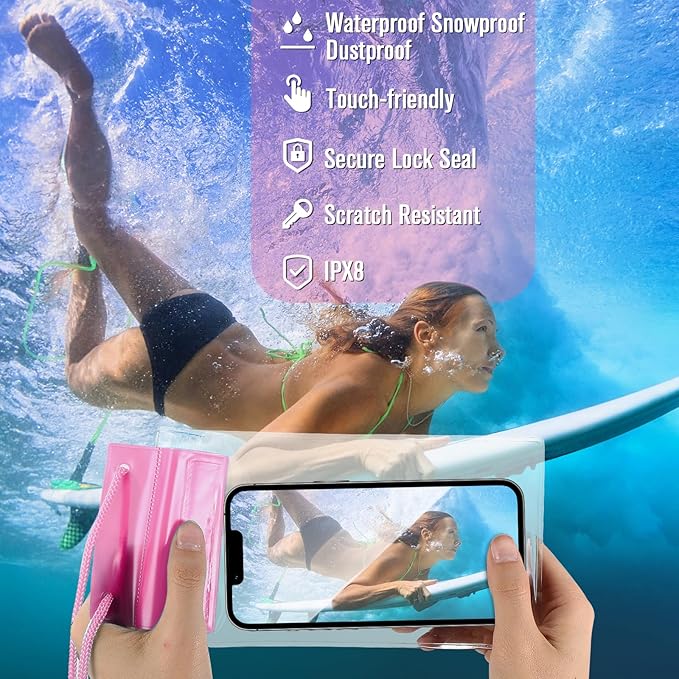 Flutesan 50 Pack Clear Waterproof Phone Pouch Universal Waterproof Phone Case Waterproof Pouch Dry Bag with Lanyard for Water Games Protect(Transparent and Pink)