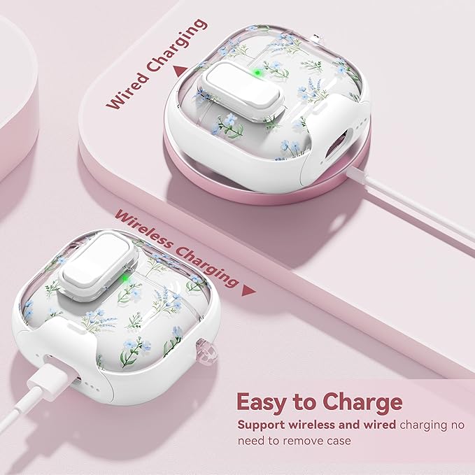 with Safety Lock for Apple AirPods 4 Case,Clear Floral Cute AirPod 4th Generation Case with Phone Stand & Cleaning Kit for Women Girly-Blue Narcissus