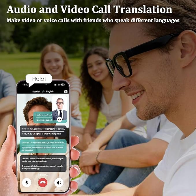 AI Translation Smart Glasses with Chat GPT, Bluetooth Glasses with Translator 164 Languages for Men and Women, Music Playback & Hands-Free Calls, Color-Change Lens, Voice Assistant (KO-1)