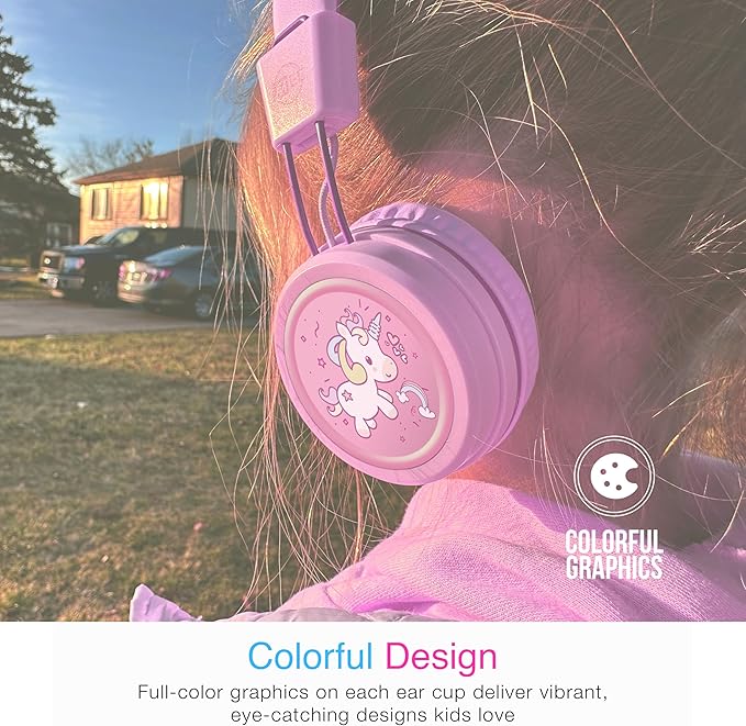 MEE audio KidJamz KJ55 Wired Children’s Headphones with 3.5mm Plug, Colorful Graphics, Volume Limiter & Microphone, Adjustable On-Ear Kids Headset for Online Learning/School/Travel/Tablet (Pink)