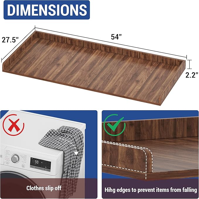Washer Dryer Countertop,27.5" x 54" Wood Topper for Laundry Room Organization，Laundry Countertop Over Washer and Dryer,with Edge Rails,Non-Slip Mat,Easy to Assemble