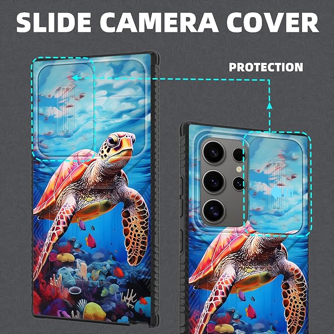 for Galaxy S24 Ultra Case Built in Slide Camera Lens Cover,Heavy Duty Shockproof Protection Dual Layer Case for Samsung Galaxy S24 Ultra 6.8" 2024,Sea Turtle Swimming Underwater