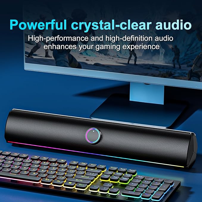 Computer Speakers for Desktop PC,Computer Sound bar,2600mAh PC Soundbar,Bass Boost,HiFi Stereo Bluetooth Desktop Speakers with Touch Buttons for Laptops,Phone,Great for Gamers,Families