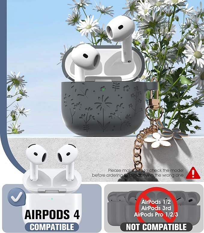 Seltureone Compatible with AirPods 4 Case Cute with Cherry Blossom Keychain and Cleaning Kit, Soft Silicone Shockproof Flower Engraved Cover Compatible with AirPod 4 Case Cover - Dark Gray