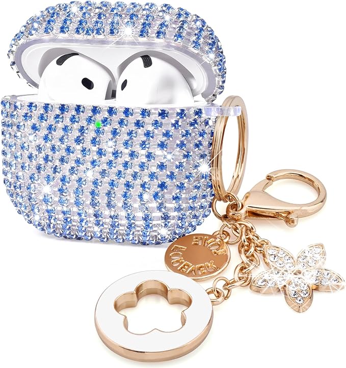 VISOOM Cute Jewelry Cases for Airpods 4 Cases 2024 Cover Women, Sparkly Air pods 4 Gen Case Hard TPU Airpod Case 4th Generation Bling Glitter iPods 4 Cas Keychain for iPods Earbuds Airpods 4th-Blue
