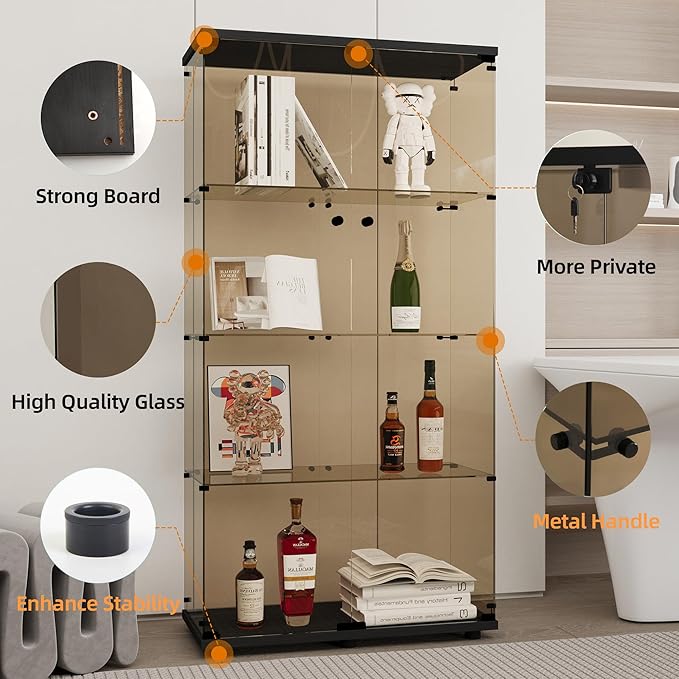 LFT HUIMEI2Y 4-Shelf Brown Glass Display Cabinet with Double Doors, Curio Cabinets Tempered Glass Floor Standing Bookshelf for Bedroom, Kitchen, Living Room 64”x 17”x 14.5” Black