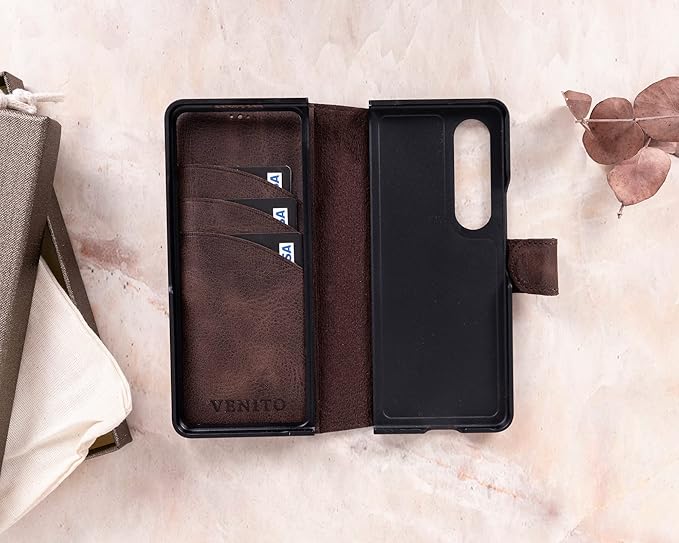 Venito Trieste Handmade Case for Galaxy Z Fold 4, Ultimate Protection with Full Grain Leather, Premium Phone Wallet Case for Galaxy Z Fold, Coffee Brown
