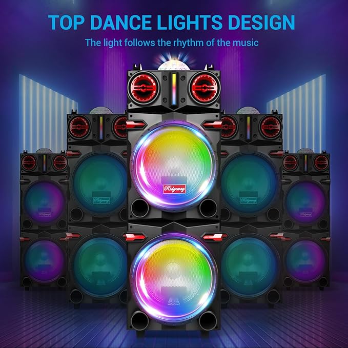 Portable Party Wireless Bluetooth Speaker with Dual 10" Subwoofer, 80W Rechargeable PA System with Bass/Treble, Wired Microphone, Flashing Light, TWS, FM, REC, Telescopic Pull Rod, Wheels