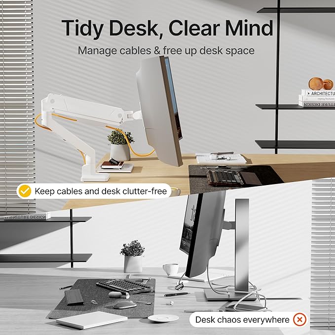 monTEK Single Monitor Arm for Max 45 Inch Ultrawide Screens Adjustable Monitor Desk Mount Holds 35 Lbs Cable Management with C Clamp/Grommet Desk Mount, VESA 75/100mm, MA1007WH