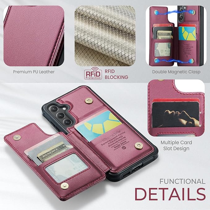 Bemal for Samsung Galaxy S23 FE Wallet Case with Card Holder, RFID Blocking, Shockproof Leather Kickstand for Men and Women, Durable Protective Phone Cover for 6.4", Wine Red