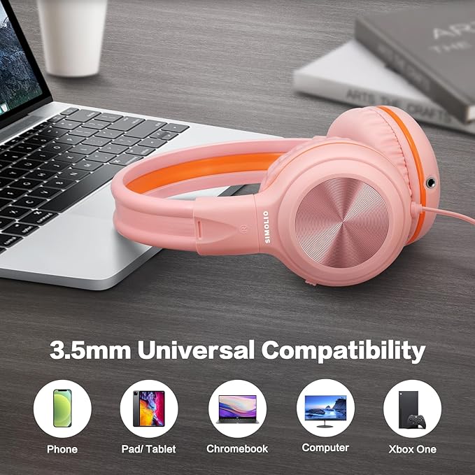 SIMOLIO Wired Headphones with Mic & Volume Limited, Noise Isolating Kids Plug in Headphones for Girls, Laptop, Tablet, w/Share Port and Portable Pouch (Pink)