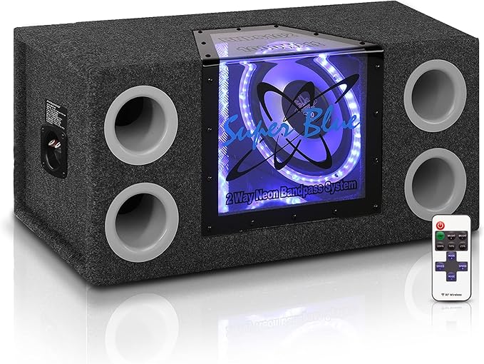 Pyramid 1000W Dual Bandpass Speaker System - Car Audio Subwoofer w/ Neon Accent Lighting, Plexi-Glass Front Window, 4 Tuned Ports, Silver Polypropylene Cone & Rubber Edge Suspension - Pyramid BNPS102