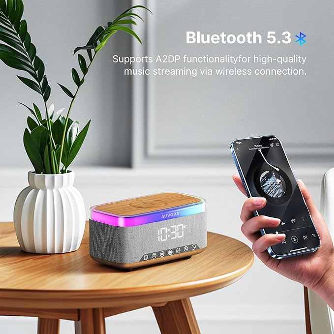 S300 16W Stereo Bluetooth Speaker with 15W Fast Wireless Charging, 13-Color Night Light, Alarm, White Noise, FM Radio, Portable, TWS, BT5.3, for PC, Smartphone, Home, Office & Bedroom (Wood)