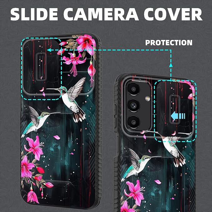 for Galaxy A16 5G Case Built in Slide Camera Lens Cover,Heavy Duty Shockproof Protection Dual Layer Case for Samsung Galaxy A16 5G 6.7" 2024,Flower Hummingbird