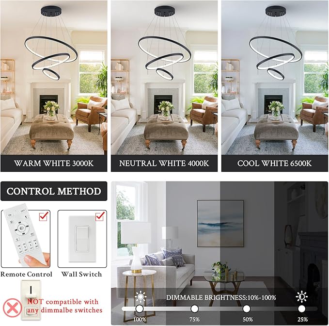 3 Ring Modern LED Chandelier Black Dimmable Round Chandeliers, LED Circular Pendant Light Fixture with Remote Control for Living Room, Dining Room, Office, Entry, Bedroom