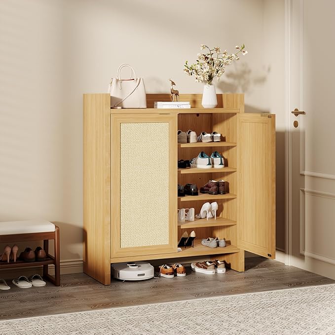 Garvee Rattan Shoe Cabinet for Entryway, Wooden Shoe Rack Freestanding Storage Cabinet with Adjustable Shelves for Living Room Hallway, Dark Oak