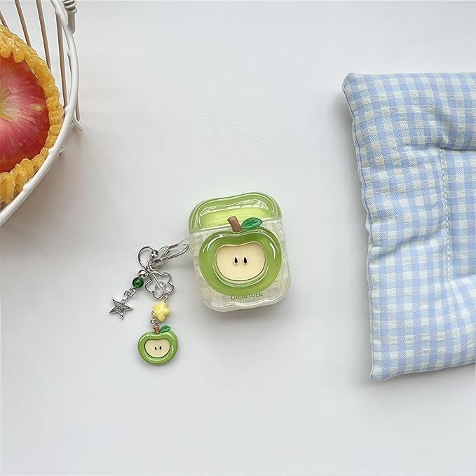 SGVAHY for AirPods 4 Case with Keychain Cute 3D Green Apple Pattern Design Soft Silicone Cover for Women Girls Anti-Fall Shockproof Protective Case for AirPods 4th Generation
