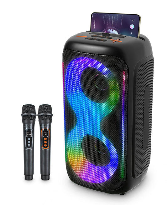 GKD40 Portable Karaoke Machine for Kids & Adults, Bluetooth Speaker with PA System, 2 Wireless Rechargeable Microphones, LED Party Speaker with 4' Woofers & LED Light for Home, Outdoor Party & Singing