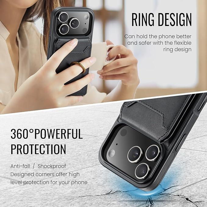 Wallet Case for iPhone 17 Pro, 2 in 1 Strong Magnetic Detachable, Shockproof Phone Case Compatible with MagSafe, Slim Leather Wallet RFID Blocking 5-Card Holder Ring Grip Stand (Black)