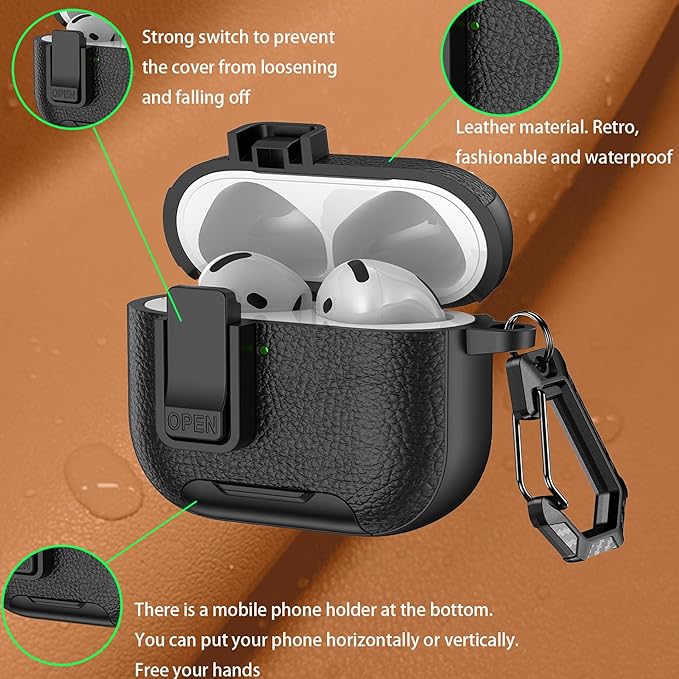 for Leather AirPods Pro 3 Case 2025| Cute Air Pods Pro 3 Case with Lock(Model A2700/A2931) | with Phone Holder & Keychain | Airpods Pro3 Cases for Man Women(Black)