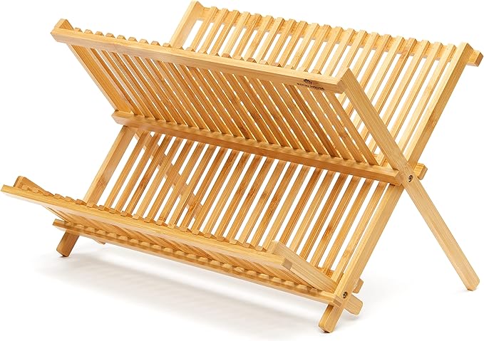 RoyalHouse Premium Natural Bamboo Dish Rack, Collapsible Dish Drainer, Foldable and Compact Dish Drying Rack for Kitchen Counter