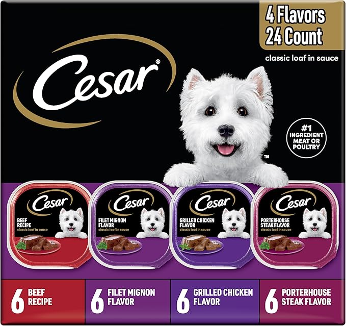 Cesar Wet Dog Food Classic Loaf in Sauce, Breakfast and Dinner with Grilled Steak & Eggs Flavor, and Chicken & Liver Flavor, 3.5 oz. Easy Peel Trays, Variety Pack 24 Count (Pack of 1)